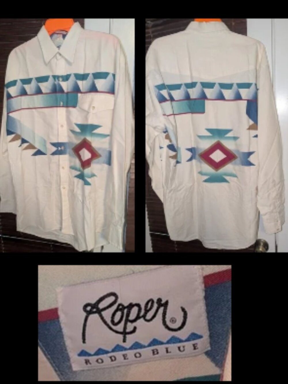 Vintage ROPER Rodeo Blue Aztec Design Western Cowboy Mens Button Down Shirt XL